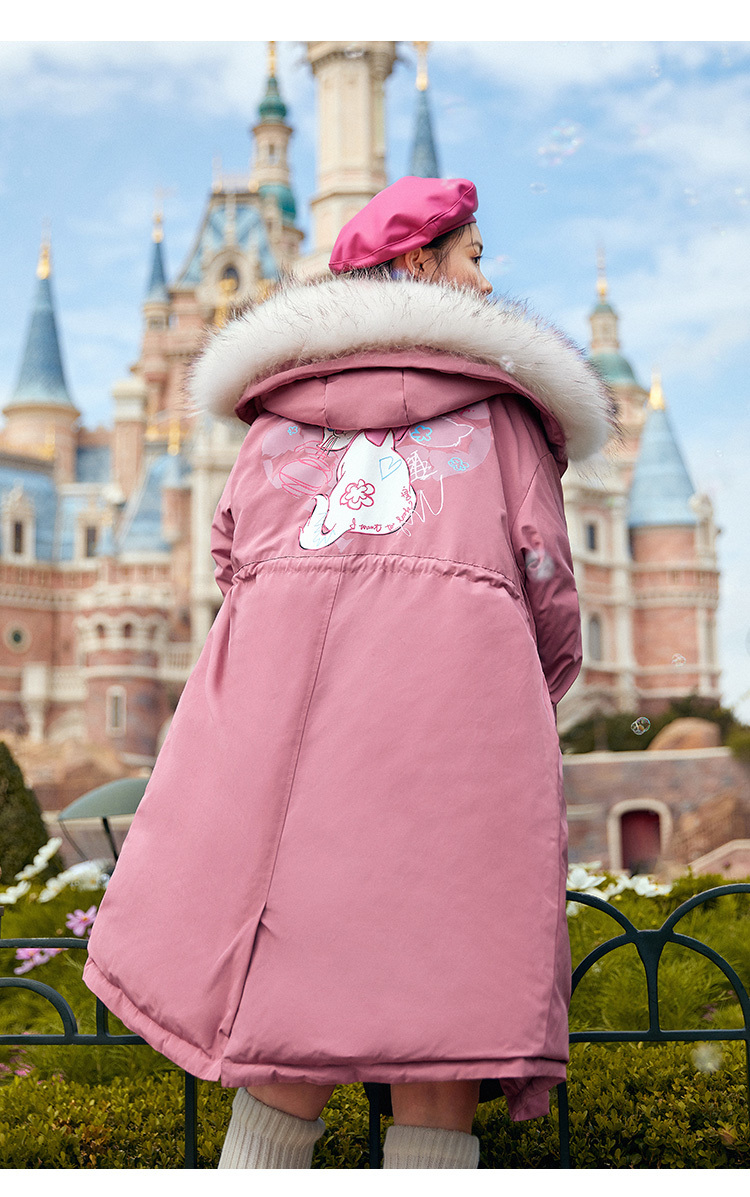 迪士尼联名太平鸟中长款派克服冬装新款大真毛领羽绒服女 玛丽猫粉 s
