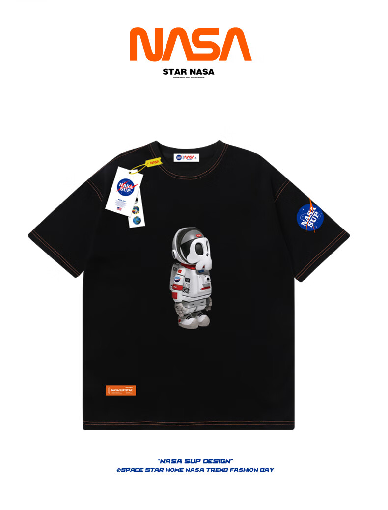 展创nasasup官网联名宇航员嘻哈学生夏季情侣款黑色短袖t恤男88812