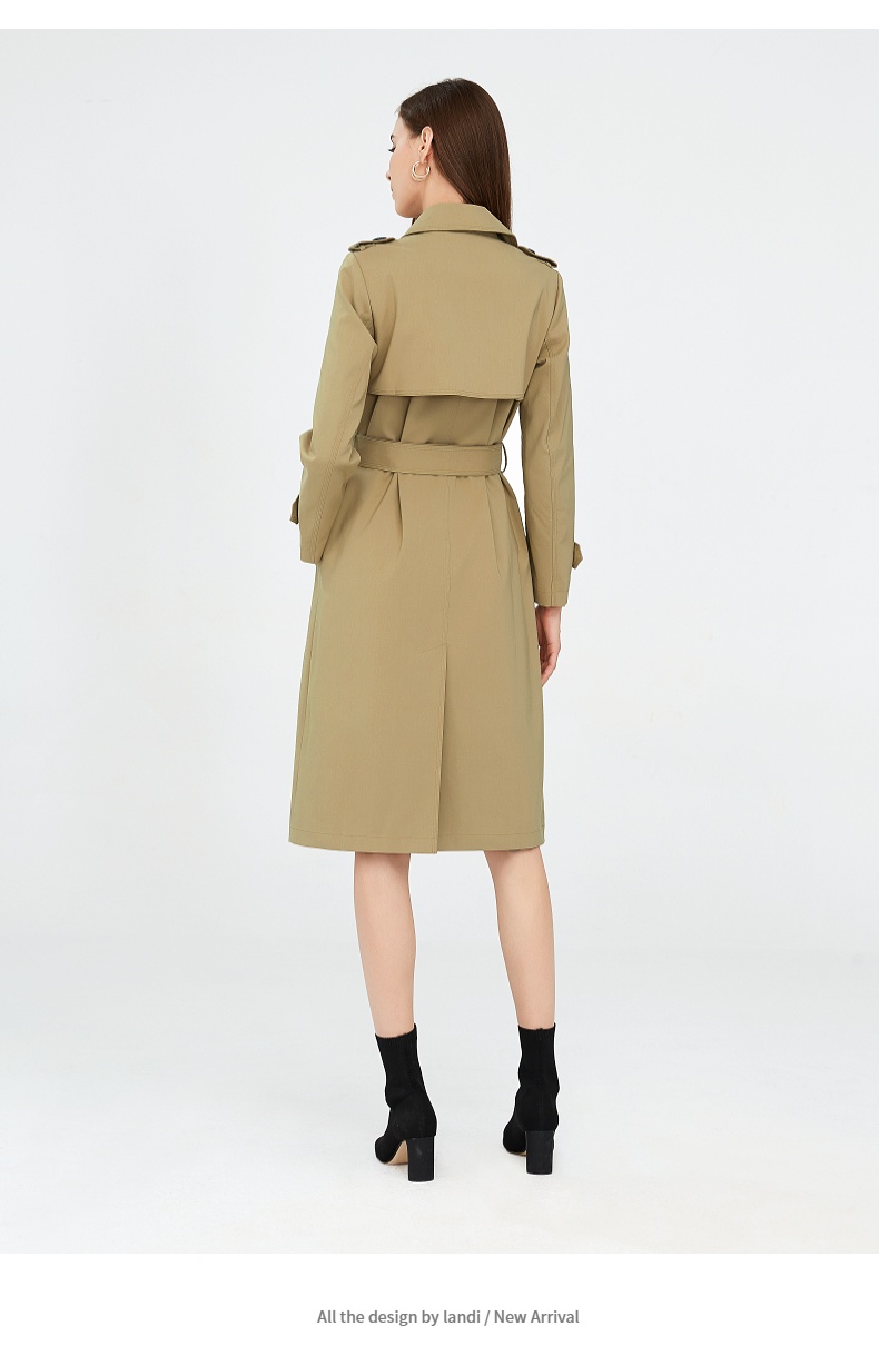 landi蓝地2021春季新款浅咖双排扣中长款风衣外套女小个子大衣浅咖02s