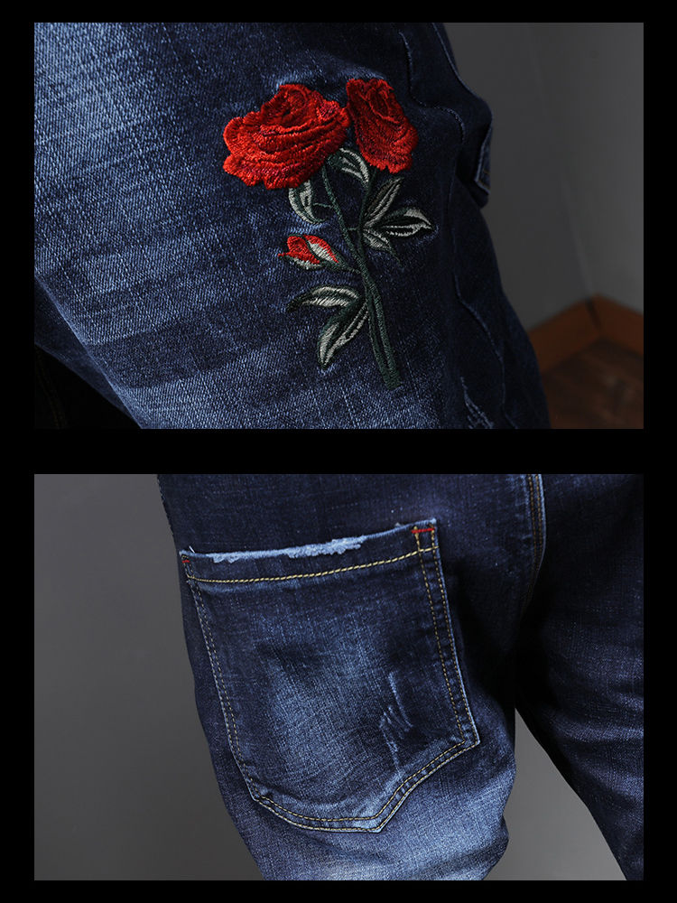 话衣刺绣牛仔裤男潮图案带绣花的弹力潮流韩版修身小脚休闲网红同款长