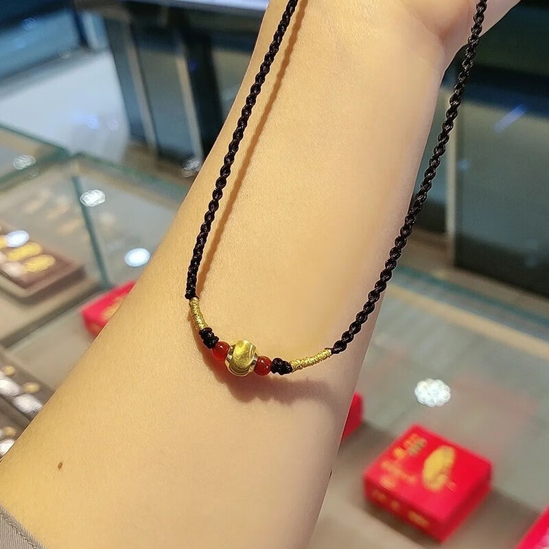 黄金项链女小金珠999足金珠红豆编织黑绳吊坠女小红书同款相思豆项链