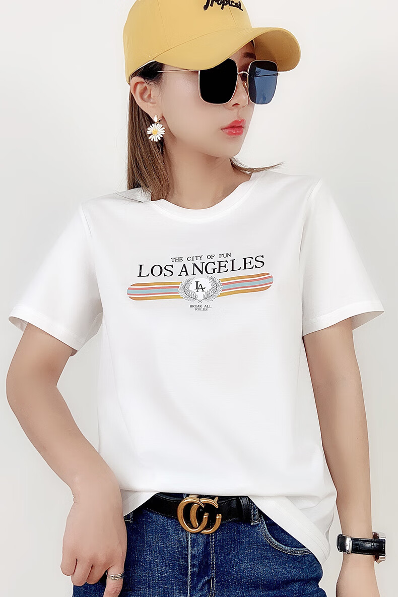 芬姿妍 欧货新款纯棉字母印花短袖t恤女2021气质减龄白色丝光棉内搭