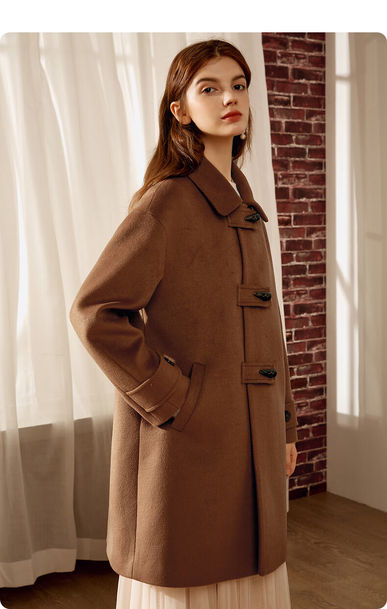 蓝色倾情lesies冬季2021女装新款焦糖色减龄牛角扣毛呢子大衣外套中长