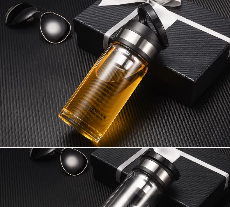 卧龙玻璃杯 大容量单层加厚水晶杯便携男士运动拉环水杯滤网茶杯子