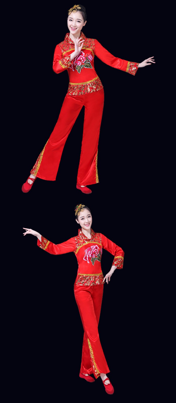 秧歌服装演出服女中老年扇子舞民族舞蹈广场舞服套装 红色 xxxl
