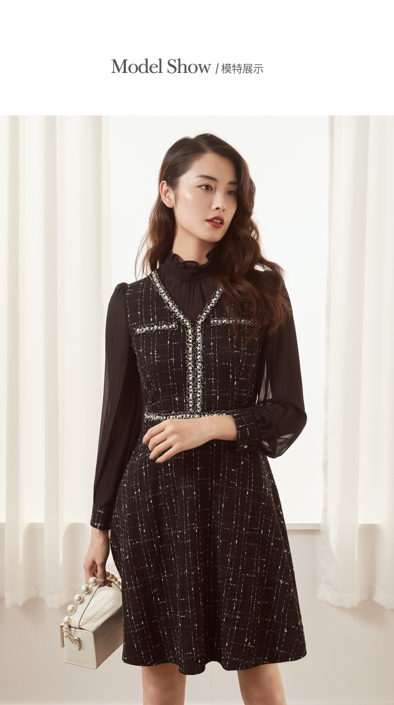 芭蒂娜平膝裙2021春新款立领高端名媛格子套头高腰显瘦拼接连衣裙女