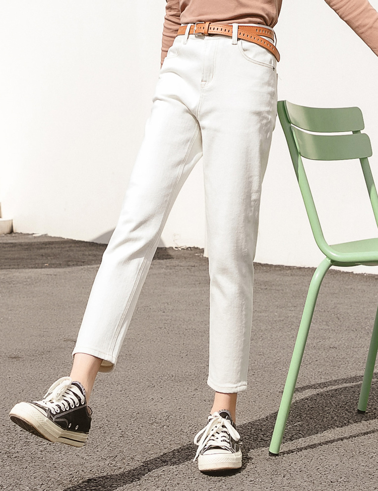lagogo拉谷谷2021年新款高腰米白色休闲长裤宽松复古流行牛仔裤女kann