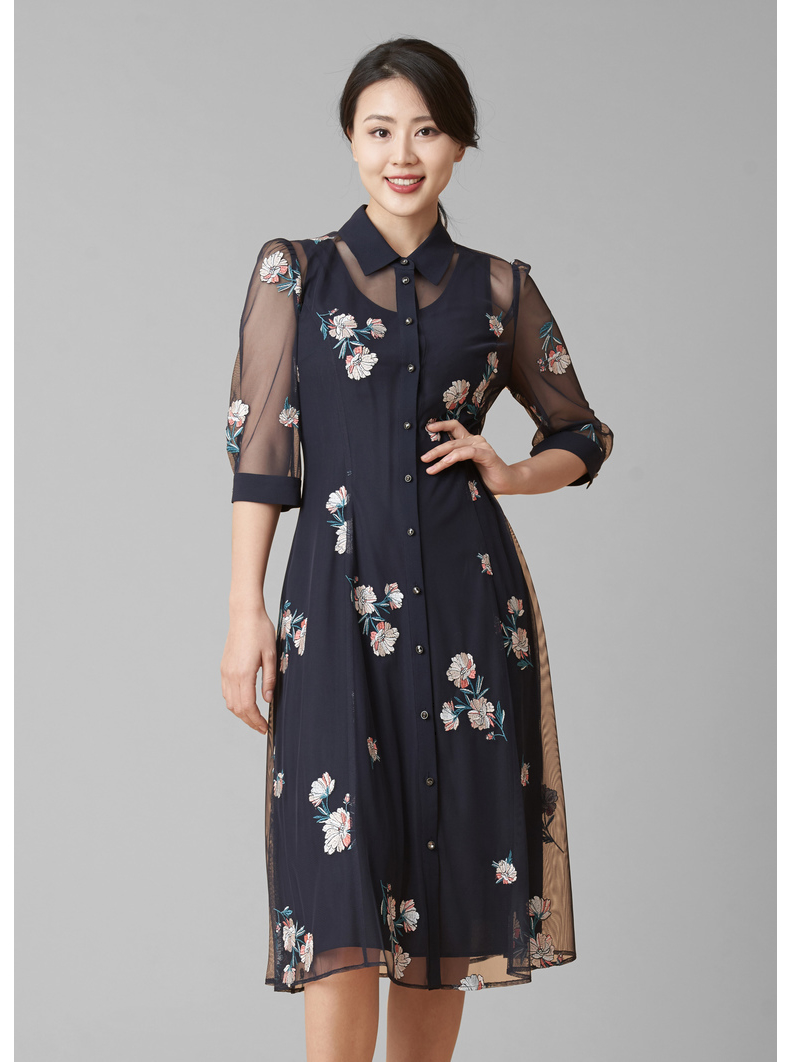 女装 连衣裙 朗姿 朗姿气质女神范衬衫连衣裙夏季商场同款碎花印花两