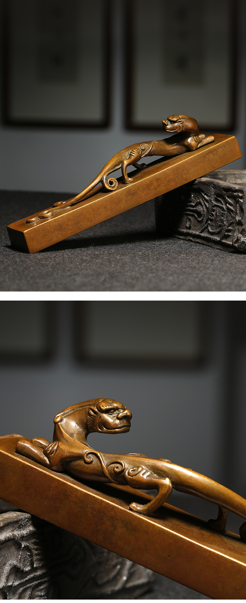 汉墨螭龙镇尺镇纸仿古青铜压纸书镇文房四宝礼品礼盒装送礼铜器摆件