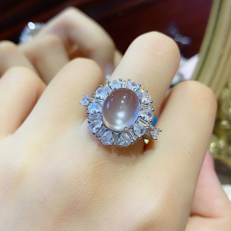 默奢 珠宝水沫玉925银子饰品 玻璃种戒指冰种玉 10码