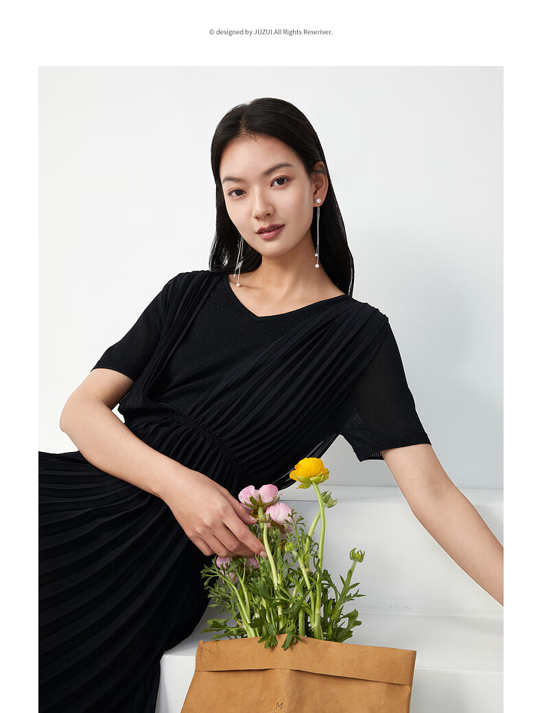 juzui玖姿2021夏季新款黑色两jian套针织雪纺收腰气质女连衣裙素黑m