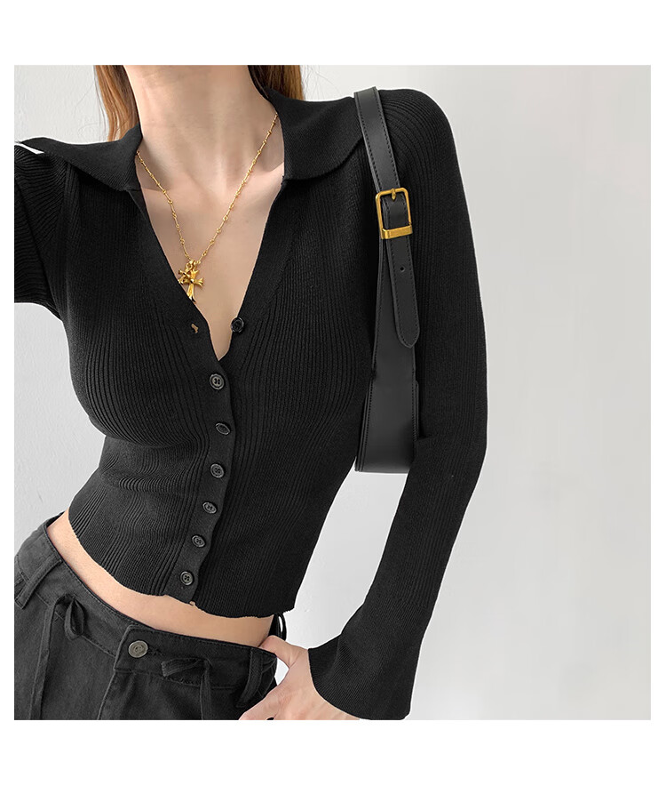 低胸深v毛衣法式翻领开襟单排扣针织开衫女冬修身喇叭袖长袖显瘦上衣