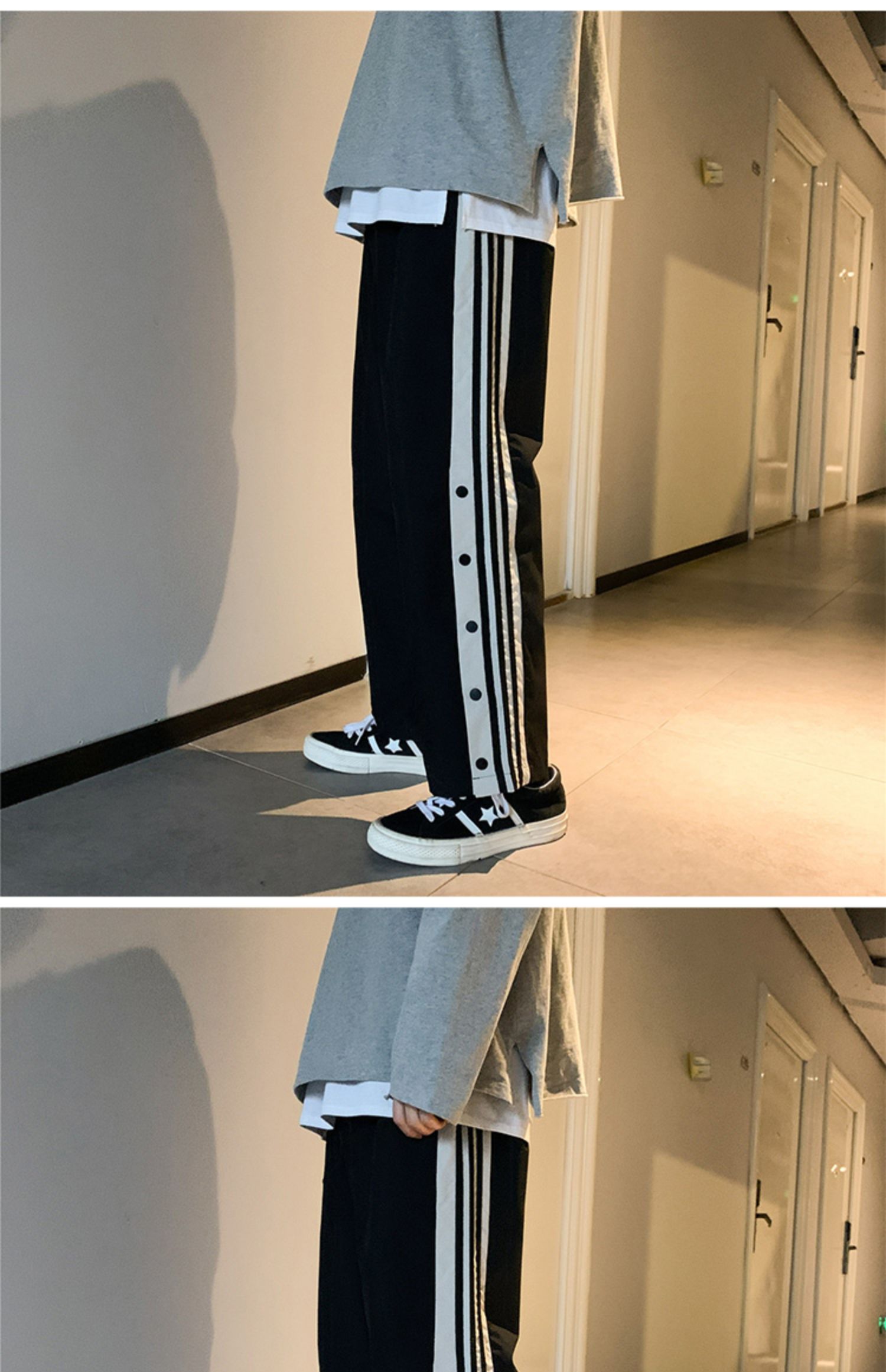 排扣裤男半开夏季侧排扣裤男潮大码宽松9分直筒半开篮球运动裤子男生