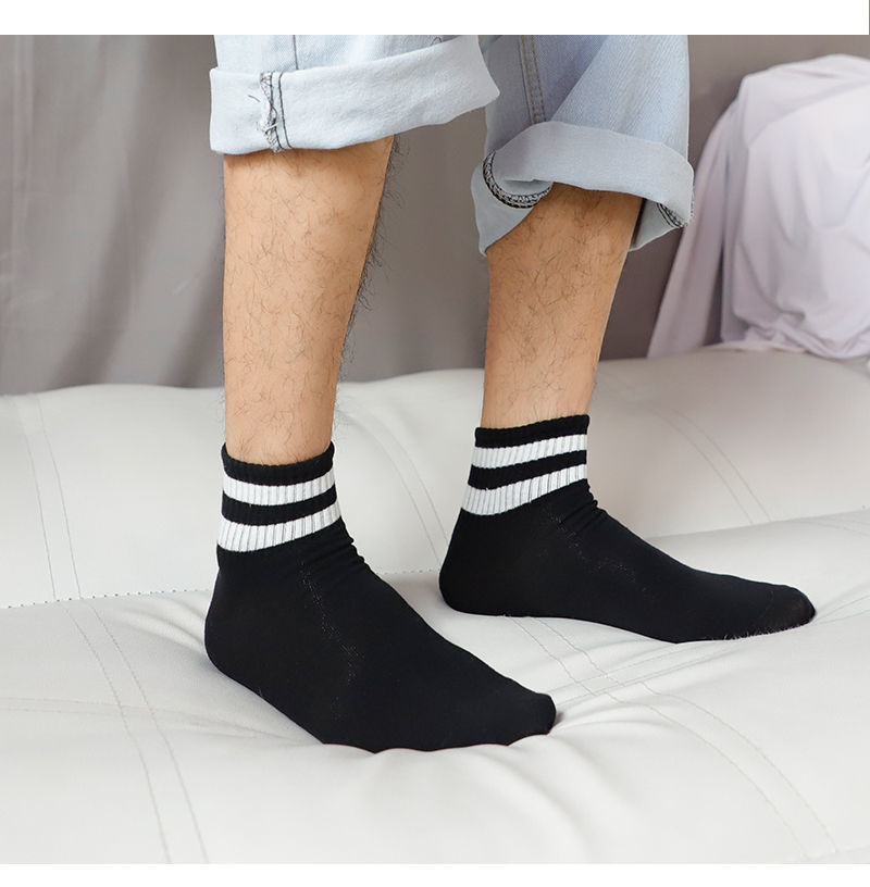 袜子男两道杠中筒运动袜黑白色男士日系百搭色ins 春夏男士简约 5双