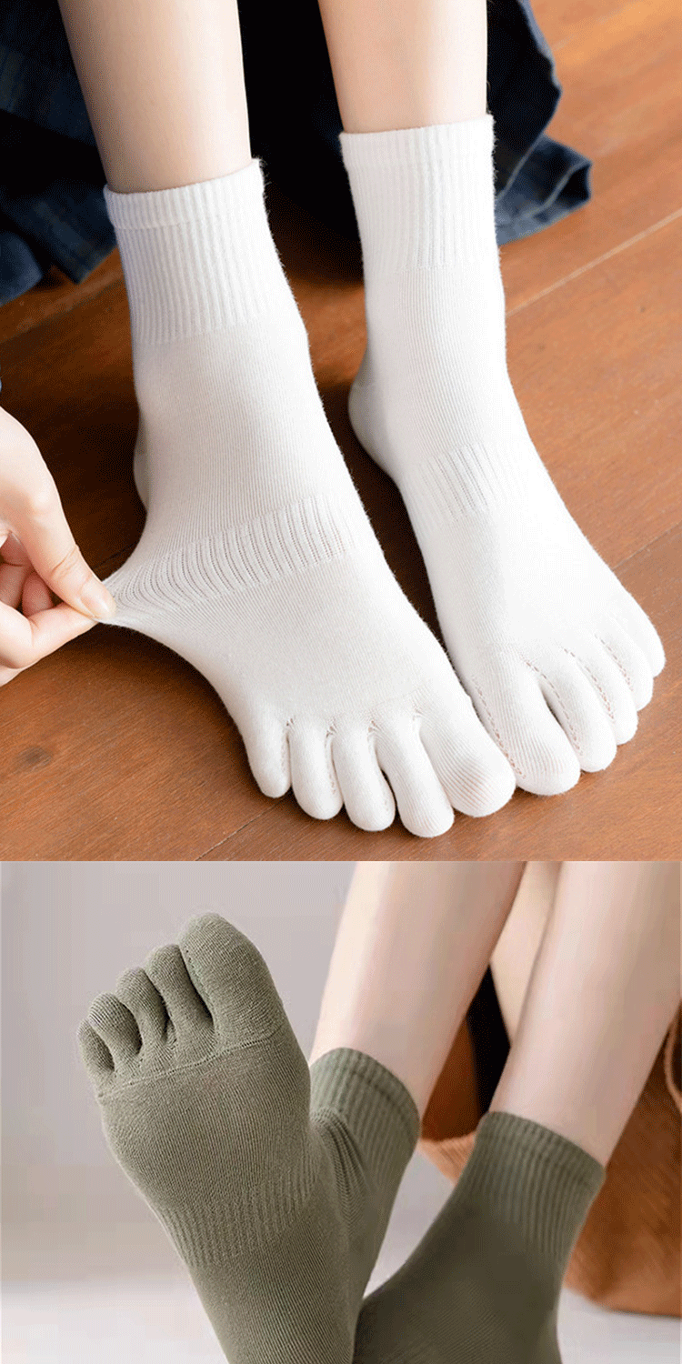 袜子女中筒袜纯棉春秋季防臭吸汗分趾长袜透气可爱纯色脚趾袜砖红灰色
