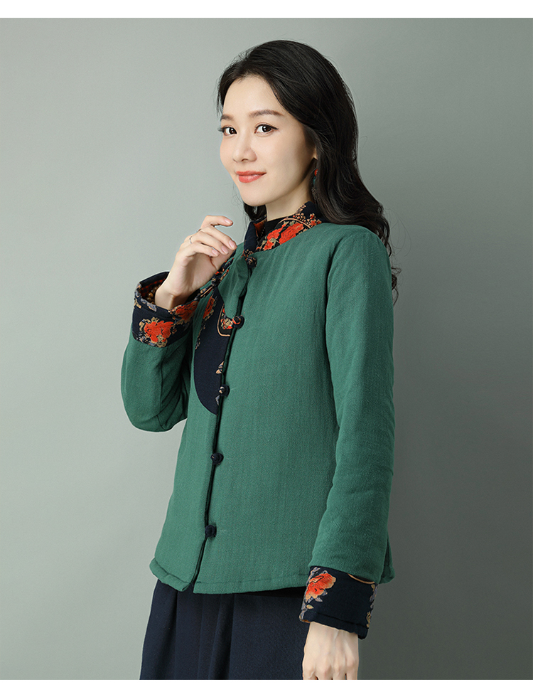 复古盘扣棉麻唐装小棉袄女短款民族风棉衣女冬季加厚中式夹棉外套藏青