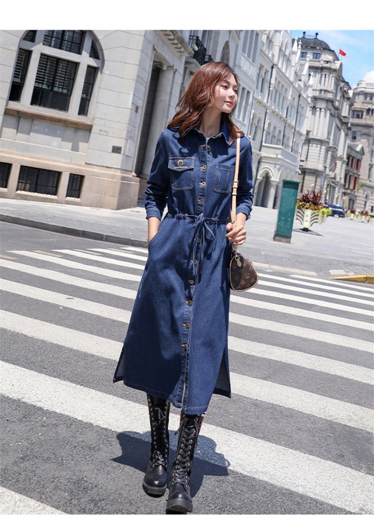 后达宜单排扣牛仔风衣外套女中长款2021春夏装新款休闲系带过膝连衣长