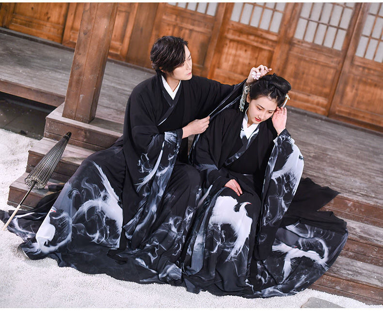 男女加胖情侣魏晋风汉服女交领齐腰襦裙重明一水墨印花 黑色男款套装