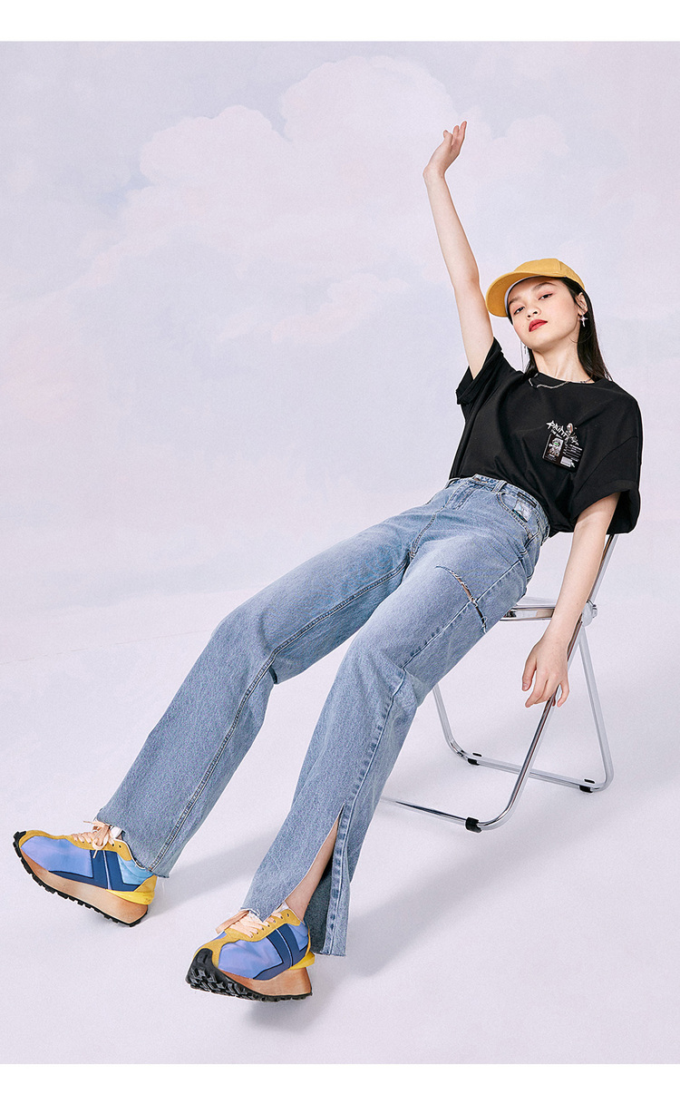 太平鸟高腰牛仔裤女直筒裤2021年夏季新款破口设计阔腿开叉牛仔裤