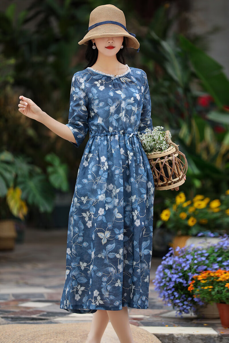 如素慢衣夏季亚麻休闲复古文艺印花五分袖系带长款连衣裙女装26234