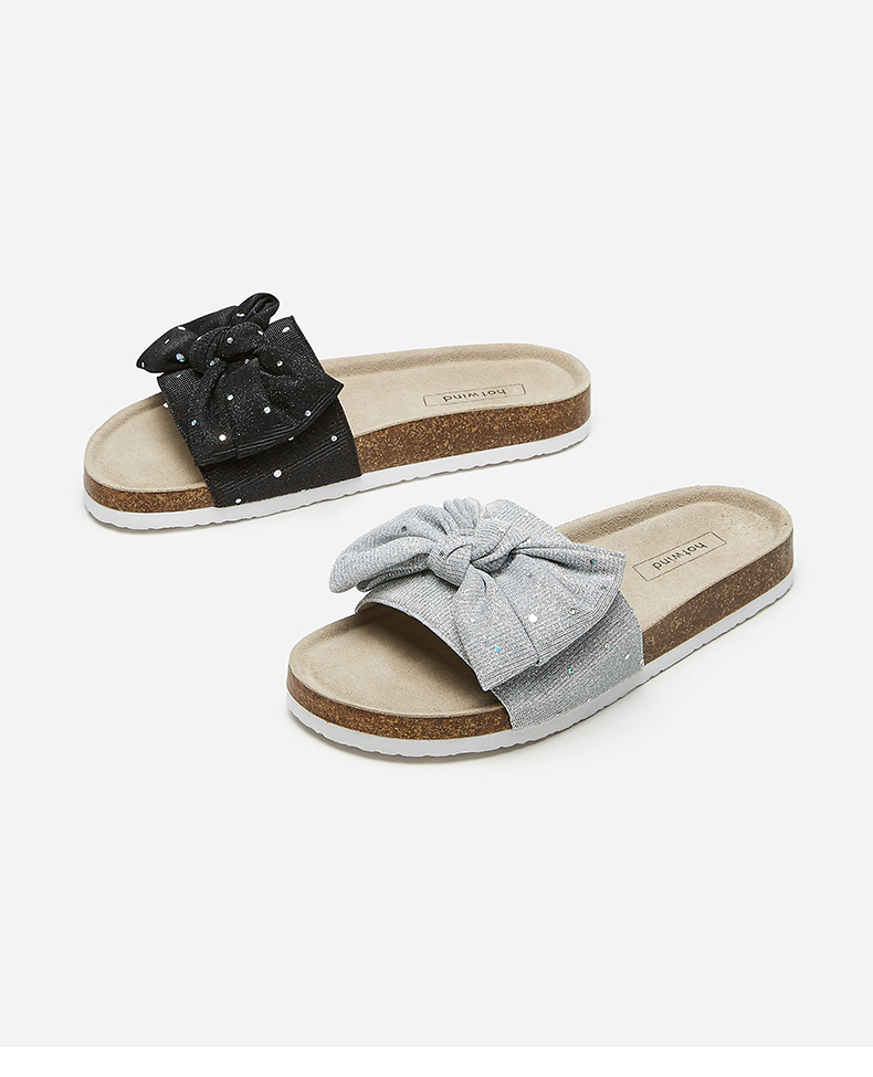 热风软木拖女2021年夏季新款女士时尚休闲拖鞋外穿蝴蝶结平底软木拖