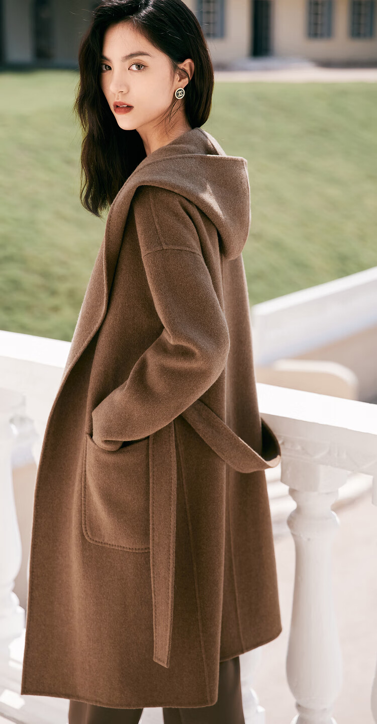 伊芙丽毛呢外套收腰连帽双面呢羊毛大衣小个子棕色16084am