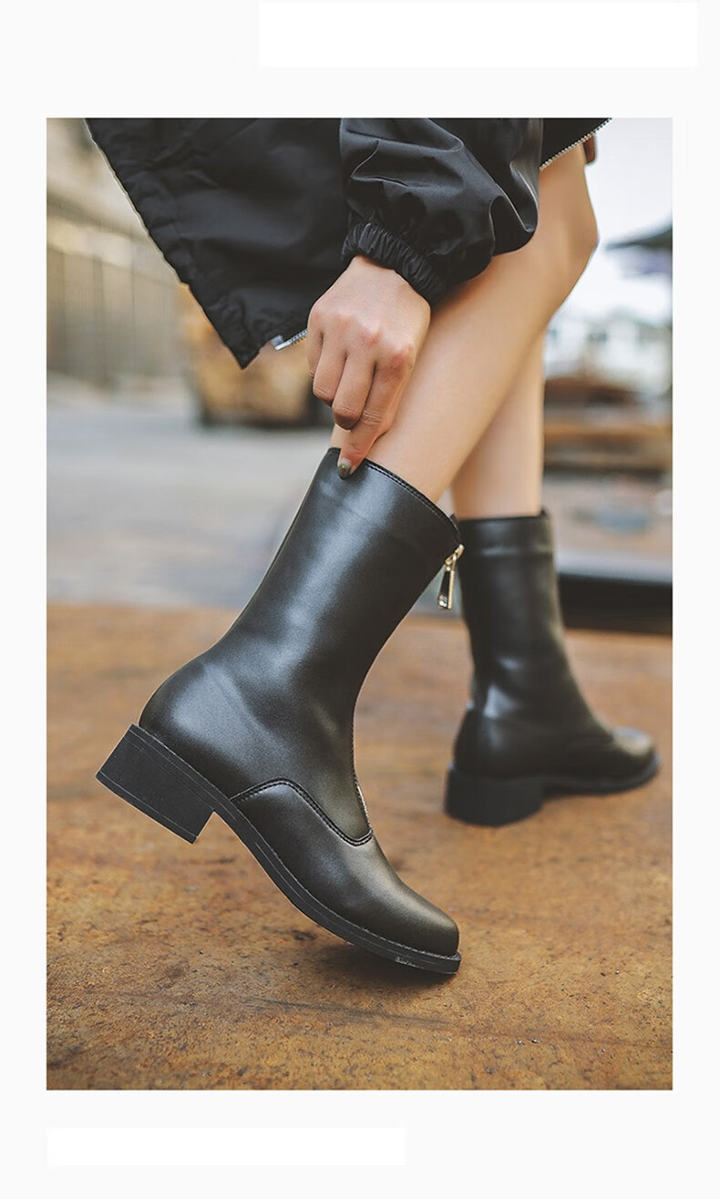 courtney品牌前拉链短靴女2020秋冬季新款休闲穿搭加绒短筒皮靴女靴