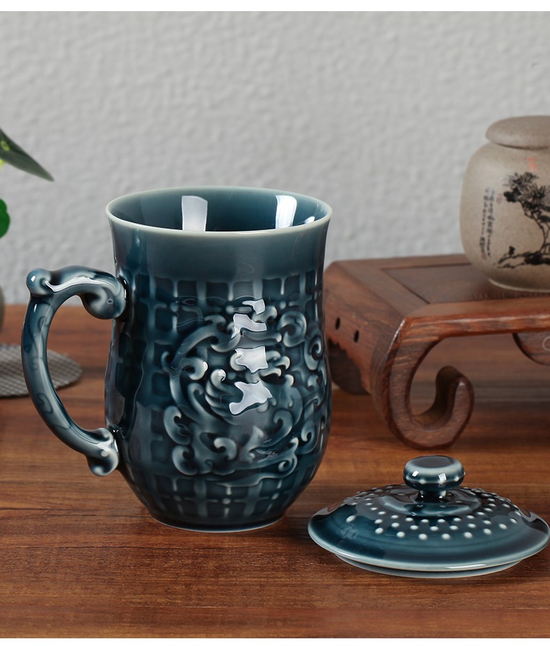 乾唐轩活瓷喜凤来仪高杯茶杯水杯杯子陶瓷杯活瓷杯宝石蓝礼盒包装