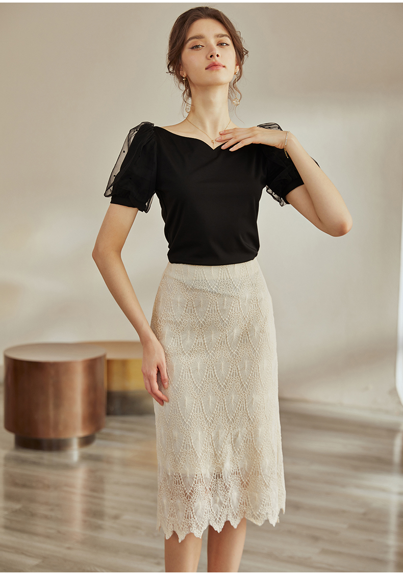 roeyshouse罗衣淑女心形领针织t恤春夏女装新款拼接网纱泡泡袖上衣