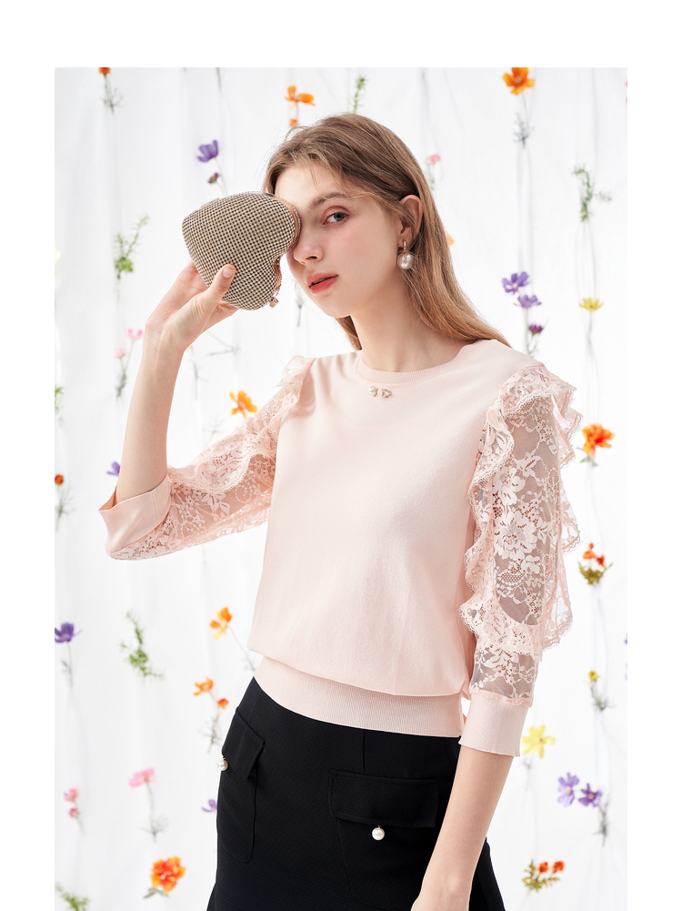 蕾丝拼接针织衫女佳人苑2021春季新款七分袖圆领修身显瘦白色线衫 本