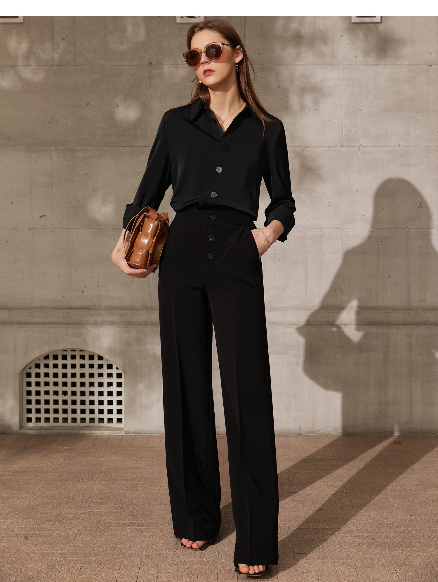 amii极简时髦休闲阔腿裤女2021春季新款直筒高腰单排扣长裤 黑色 155