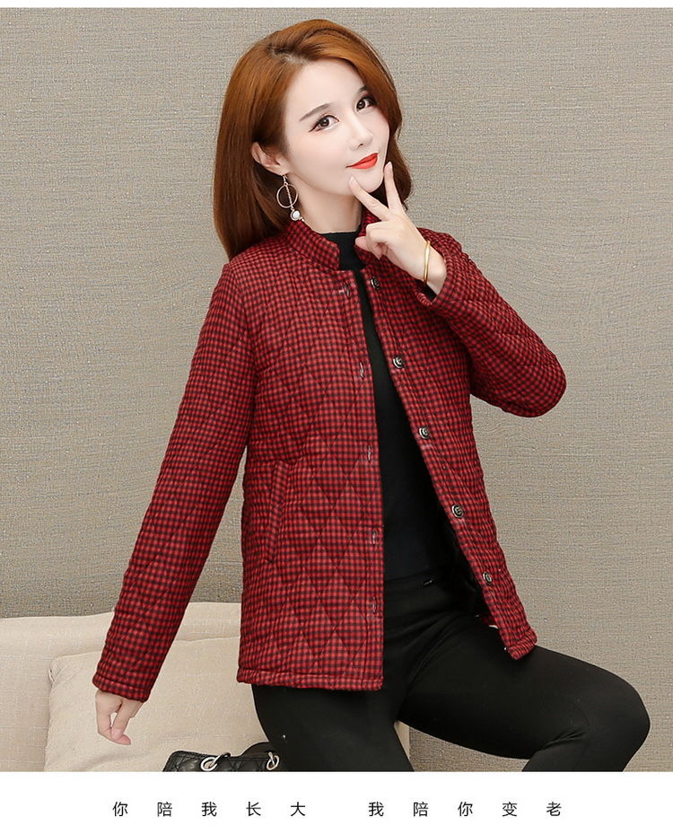 新款格子小棉袄女民族风女装文艺棉麻复古纽扣短款立领棉衣棉服白色xl