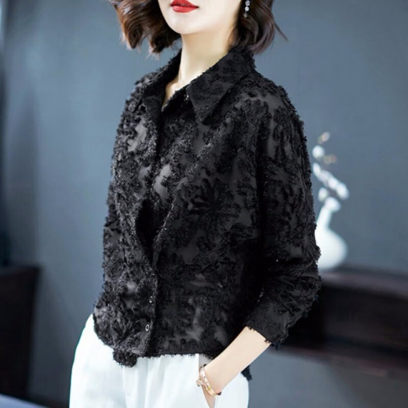 邦伊芙雪纺衫上衣衬衫衬衣女 蕾丝长袖衬衫2021新款春夏装雪纺衫女士