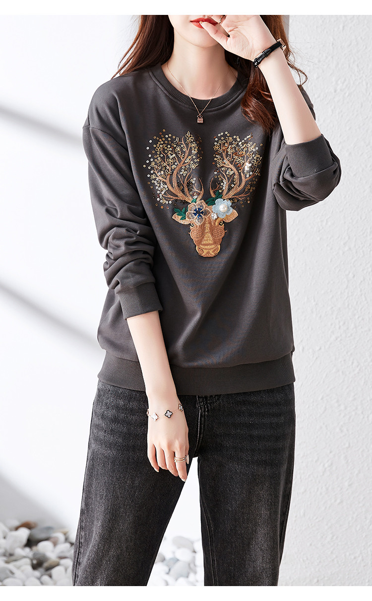 德玛纳 【刺绣鹿头卫衣】圆领套头百搭长袖卫衣女 砖