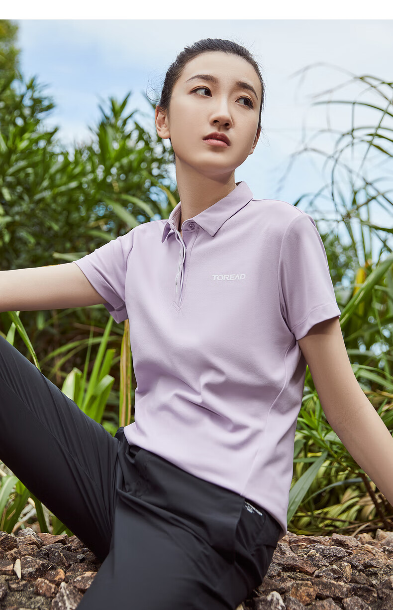 探路者polo衫女士翻领短袖t恤春夏户外女式干爽透气弹力棉感时尚自驾