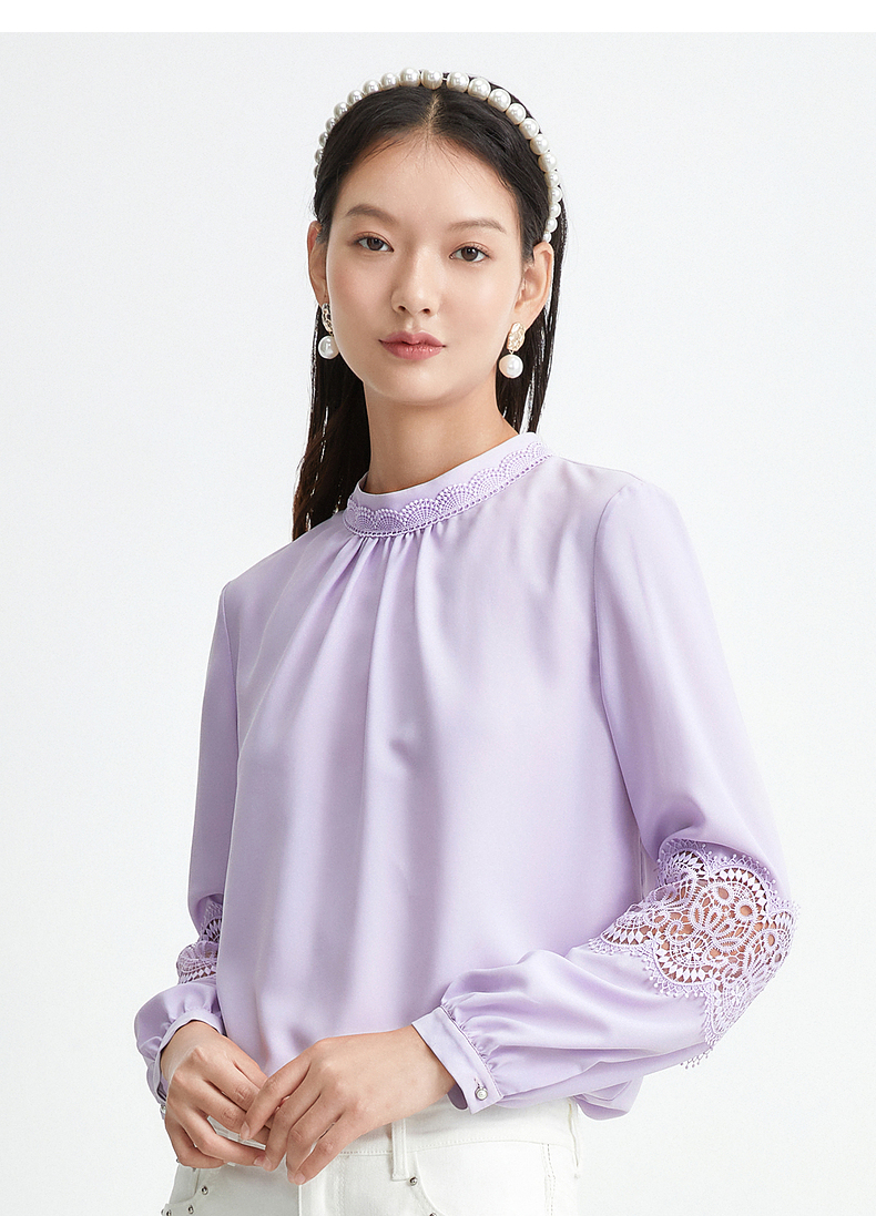 juzui/玖姿2021春季新款紫色小立领气质蕾丝拼接优雅女雪纺衫 浅紫