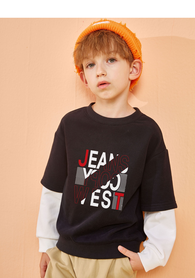 真维斯男童春季新款儿童假两件撞色袖圆领卡通动漫卫衣ju宝蓝色