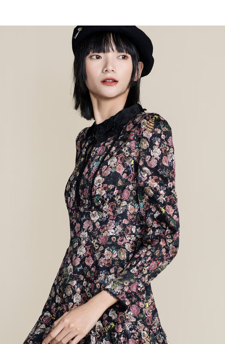 达衣岩法式气质长款连衣裙2021冬季新款蕾丝拼接复古长裙依旧卡其m