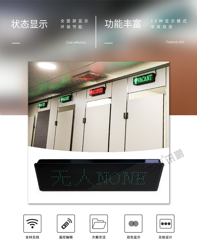 显示屏洗手间移动公厕卫生间自动感应状态指示牌有无人门头屏背光款