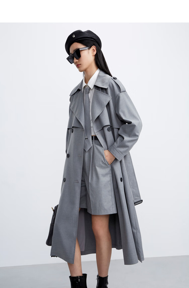 rococo2021春季新款灰色气质经典英伦双排扣通勤中长款风衣外套女