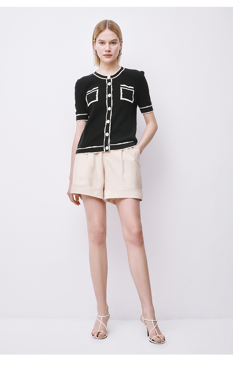 hr赫莲娜女装2021夏季新款圆领小香风修身撞色针织衫女黑色s16080a