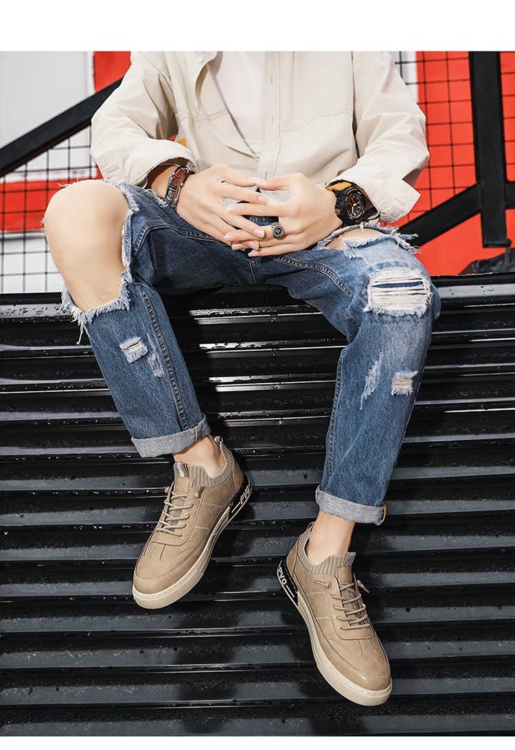 2021春秋季男潮鞋休闲鞋百搭袜口白底黑面皮面板鞋配牛仔裤的鞋子男