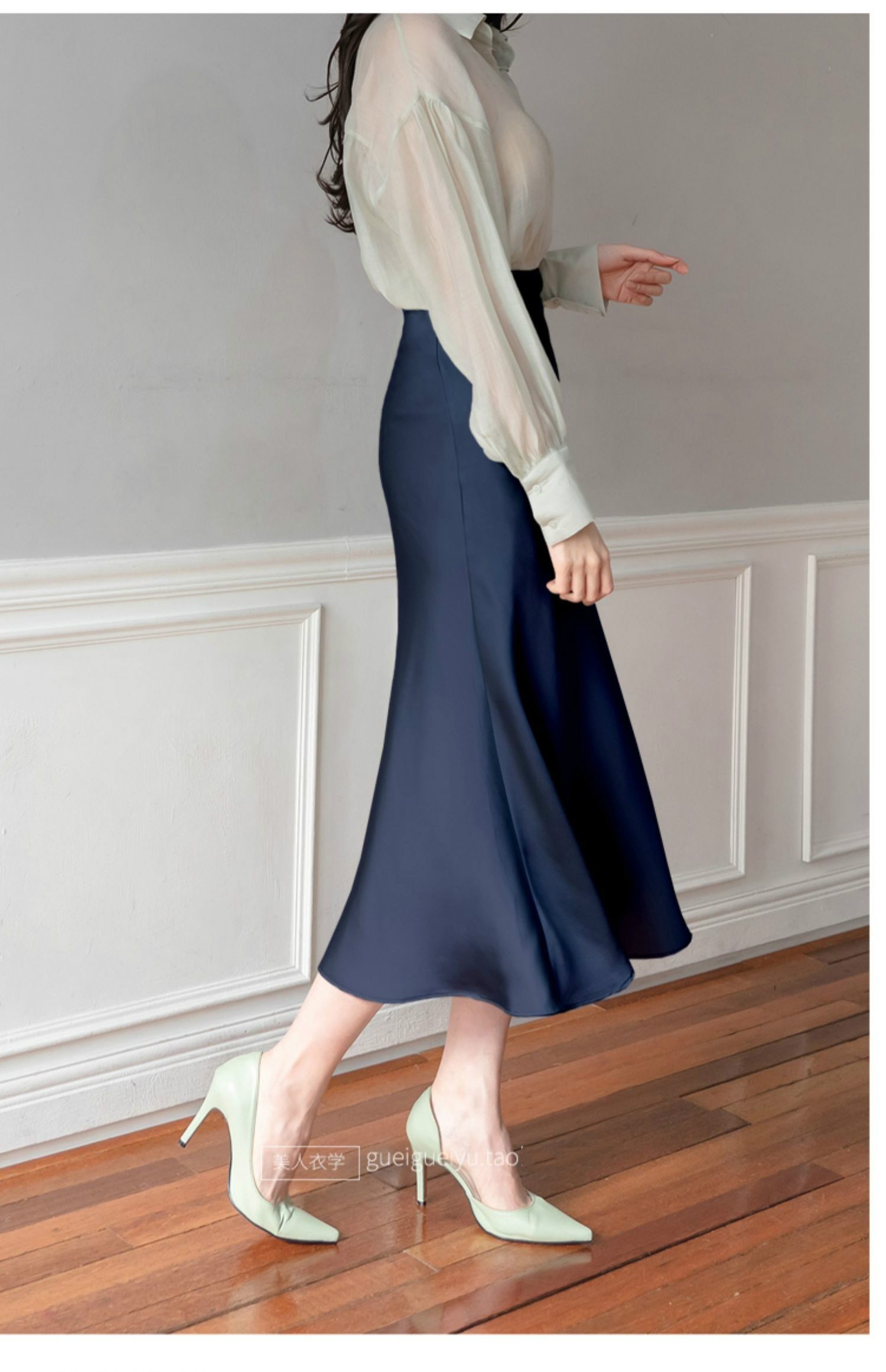 优吻 缎面半身裙女春季新款高臀垂感过膝ol裙子春秋长裙a字裙半裙 深