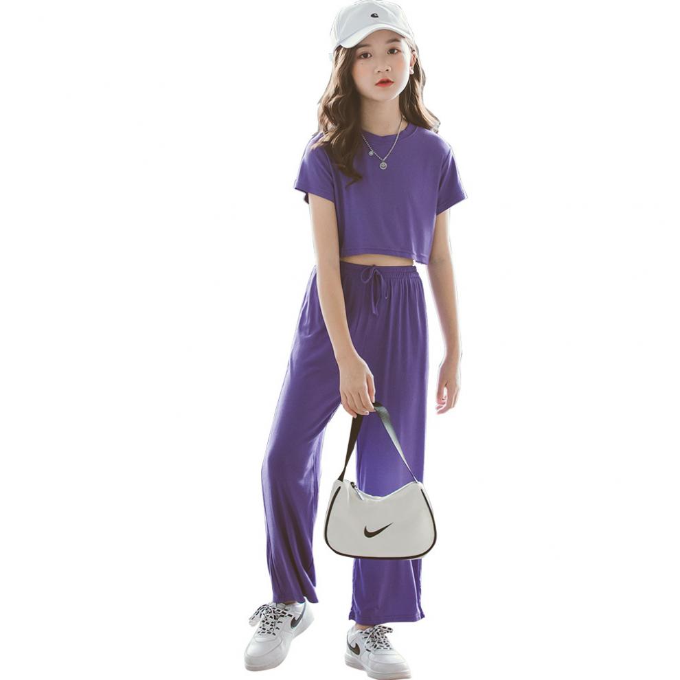 猫总监女童休闲套装儿童女孩新款韩版纯色露脐短袖百搭阔脚裤两件套