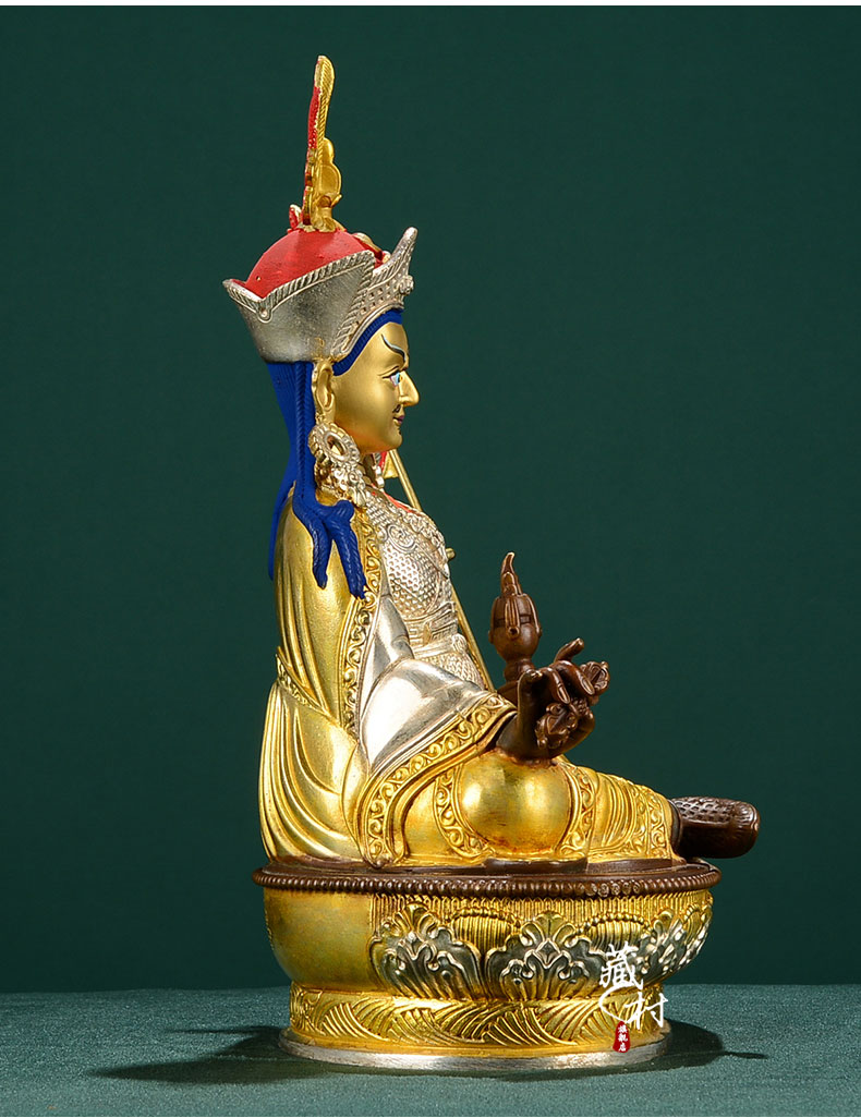藏村莲花生大士佛像摆件纯铜鎏金鎏银密宗佛堂玄关客厅供奉莲师像10寸
