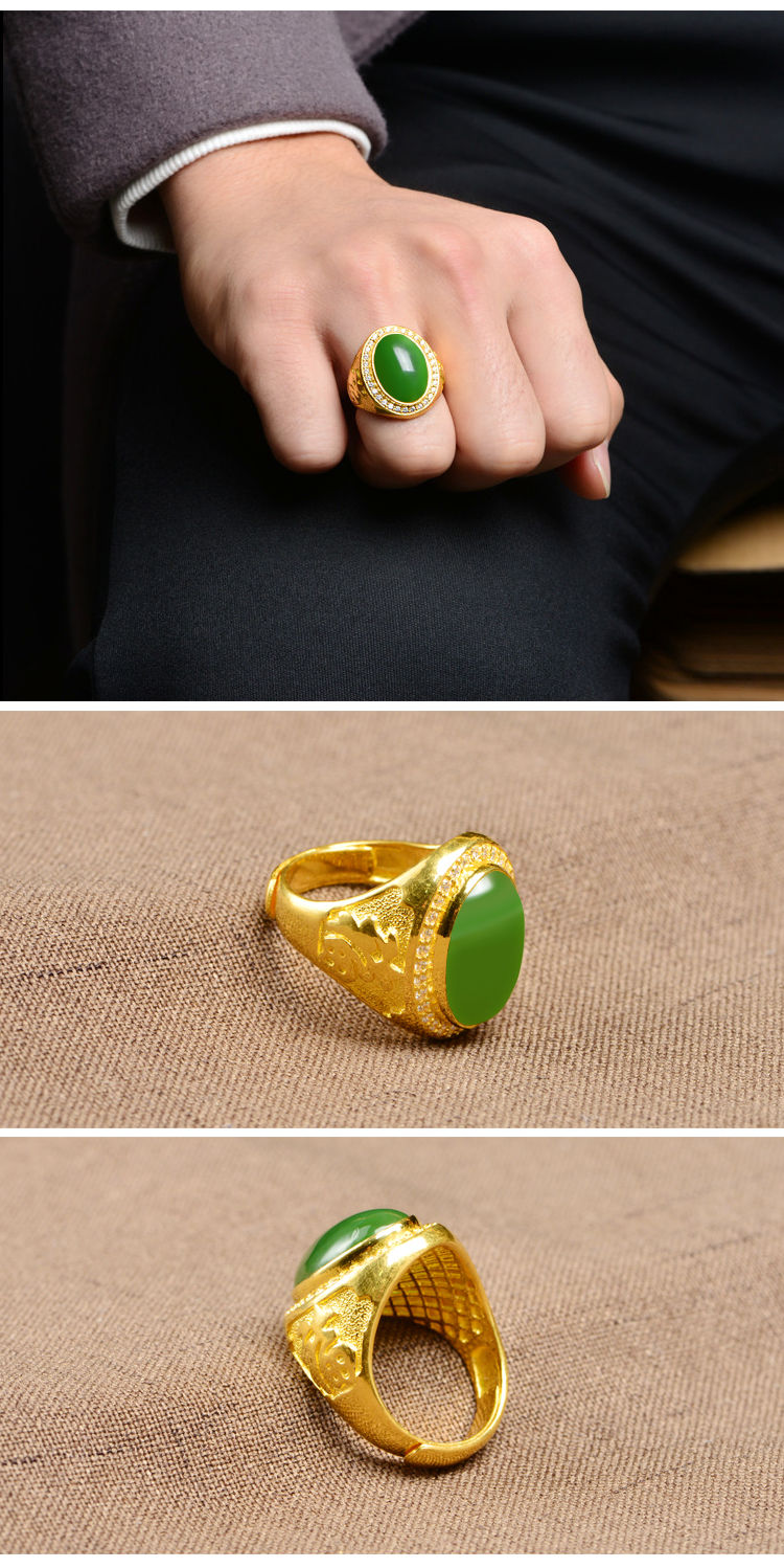 老鳯祥云同款和田玉黄金玉戒指男款碧玉999足金戒指男戒金戒指2021年