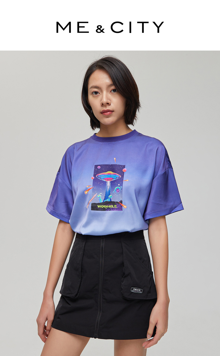 mecity女装春季气质时尚渐变色定位印花减龄梭织短袖t恤女紫蓝渐变155