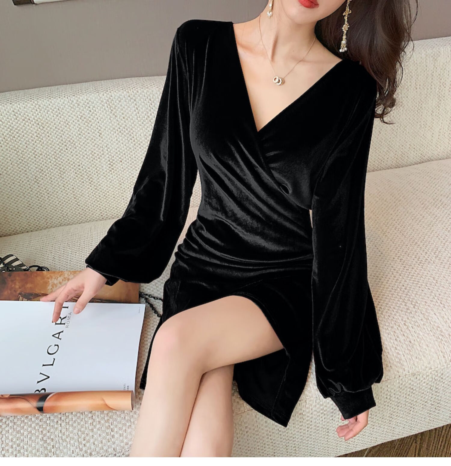 枳洁高级感小黑裙名媛金丝绒不规则v领连衣裙夜店女装性感蹦迪衣秋冬