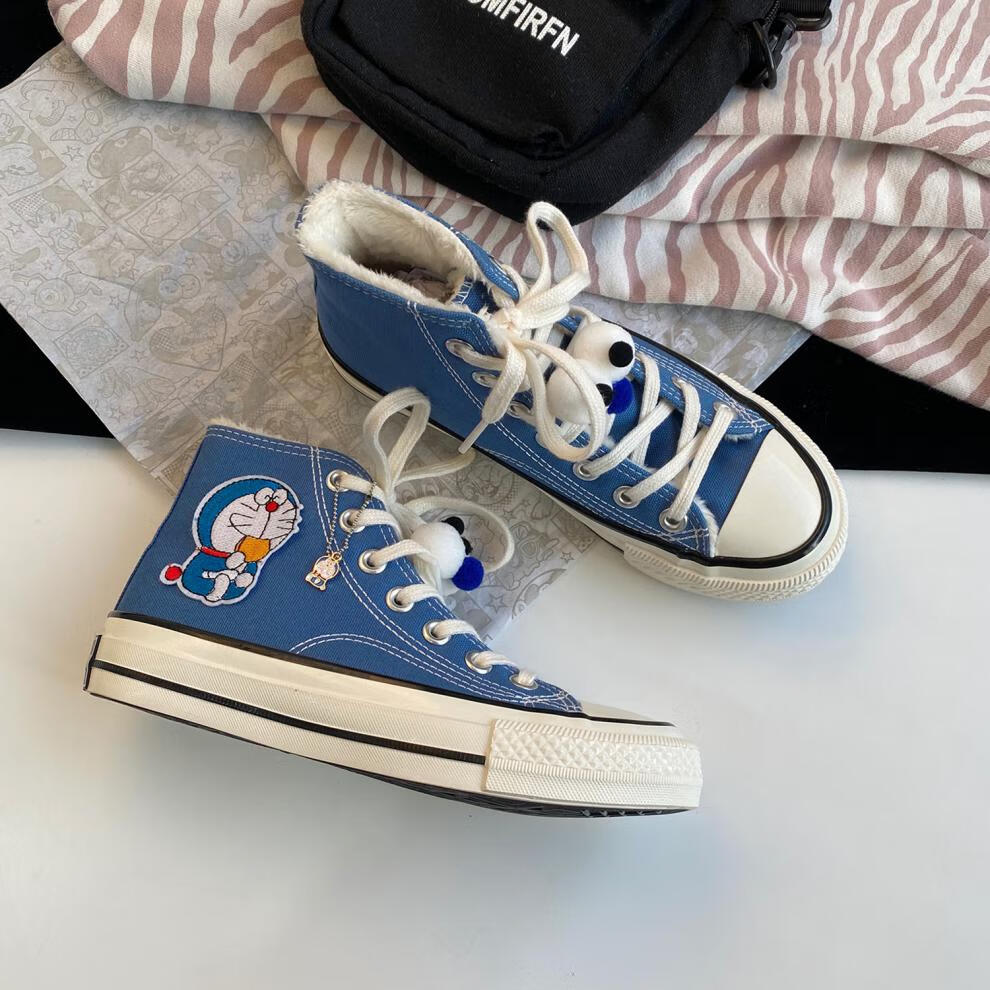 南衣库nyk 哆啦a梦联名高帮加绒帆布鞋女年新款冬季棉鞋百搭雾霾蓝
