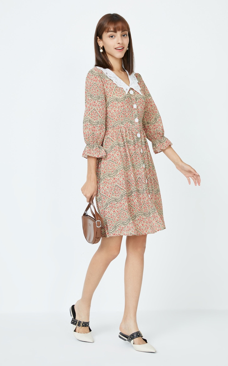 vero moda秋季新款复古田园翻领碎花七分袖连衣裙32037c024 c13卡其色